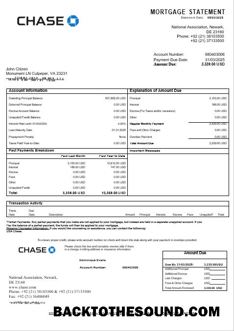 İndir ABD Chase İpotek Hesap Özeti in Word and PDF Formatlar Örnek taslak