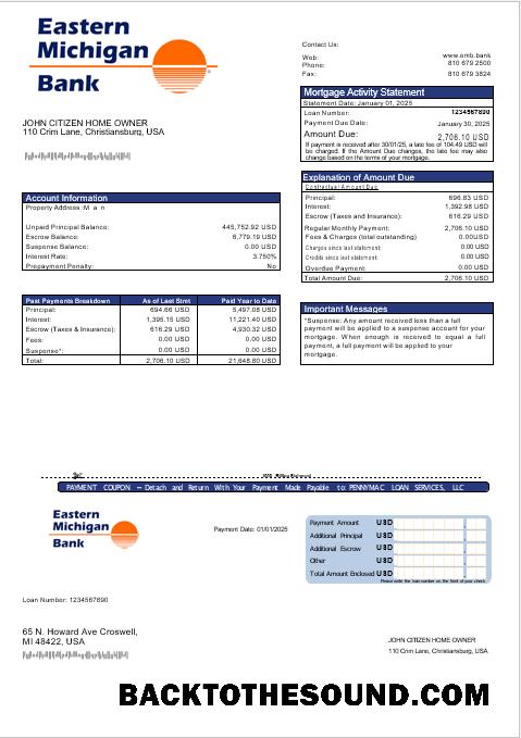 İndir ABD Eastern Michigan Banka İpotek Hesap Özeti in Word and PDF Formatlar Örnek şablon