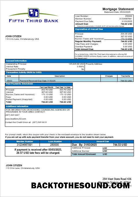 İndir ABD Fifth Third Banka İpotek Hesap Özeti in Word and PDF Formatlar Örnek şablon