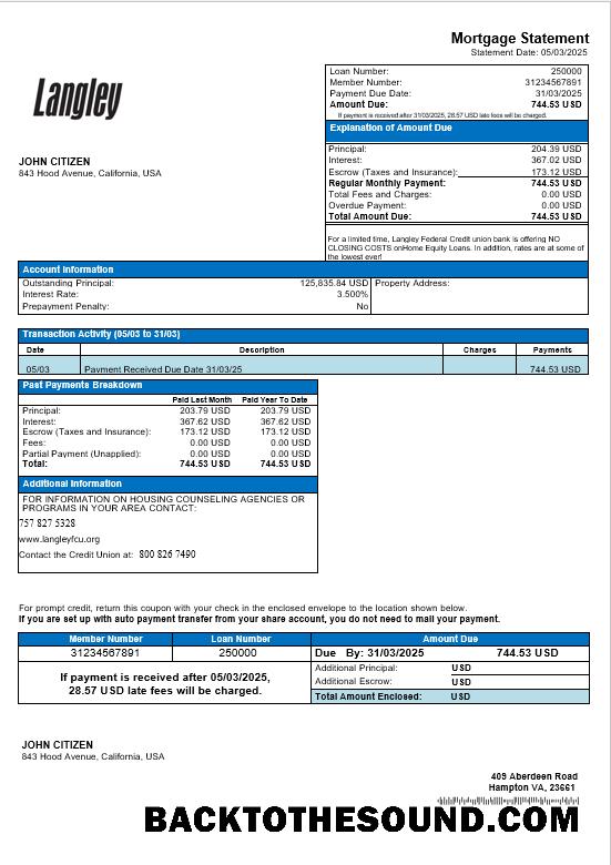 İndir ABD Langley Federal Kredi birlik Banka İpotek Hesap Özeti in Word and PDF Formatlar Örnek tasarım