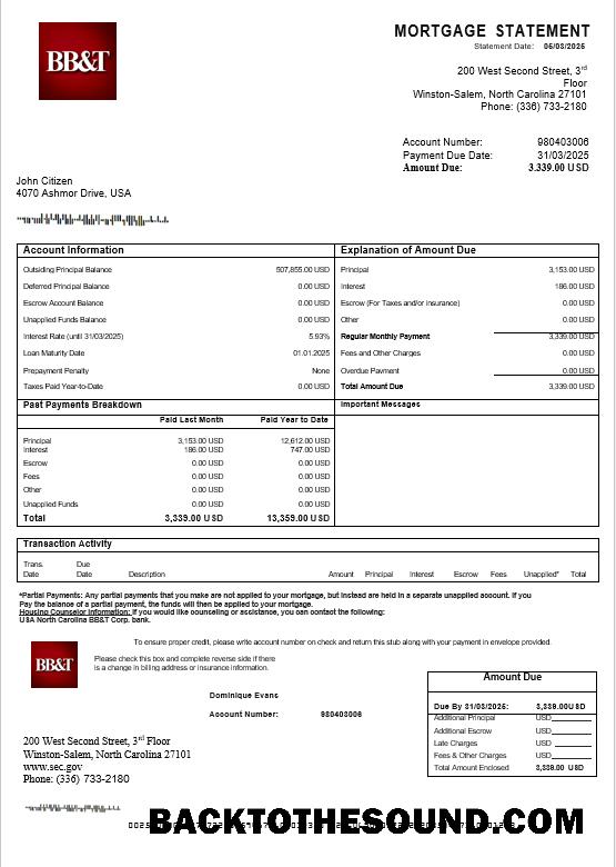 İndir ABD North Carolina BB&T Corp. Banka İpotek Hesap Özeti in Word and PDF Formatlar Örnek örnek