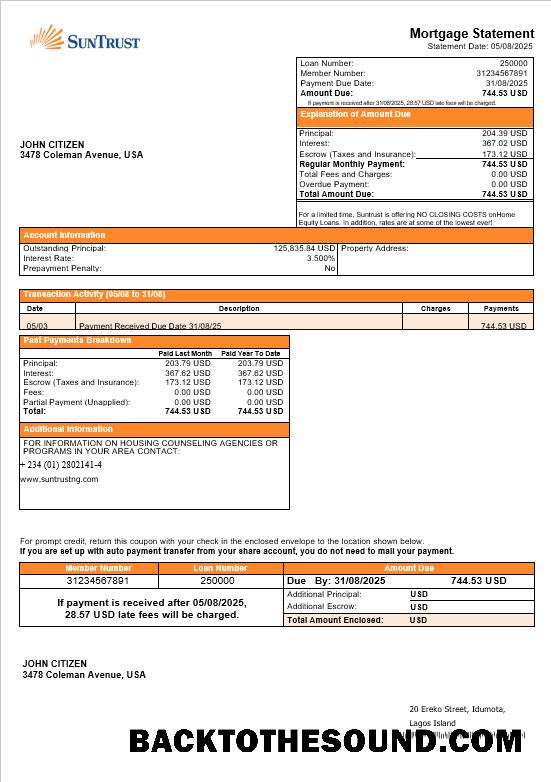 İndir ABD Suntrust Banka İpotek Hesap Özeti in Word and PDF Formatlar Örnek ön izleme