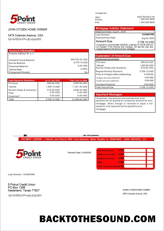 İndir ABD Texas 5Point Kredi birlik Banka İpotek Hesap Özeti in Word and PDF Formatlar Örnek örnek