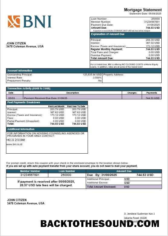 İndir ABD Texas BNI Banka İpotek Hesap Özeti in Word and PDF Formatlar Örnek şablon