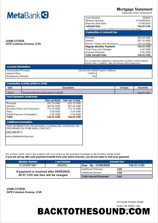 İndir ABD Washington Metabank İpotek Hesap Özeti in Word and PDF Formatlar Örnek ön izleme