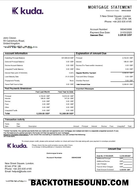 İndir Birleşik Krallık Kuda Banka İpotek Hesap Özeti in Word and PDF Formatlar Örnek tasarım