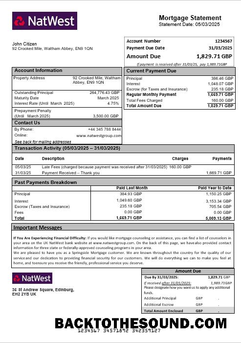 İndir Birleşik Krallık NatWest Banka İpotek Hesap Özeti in Word and PDF Formatlar Örnek örnek