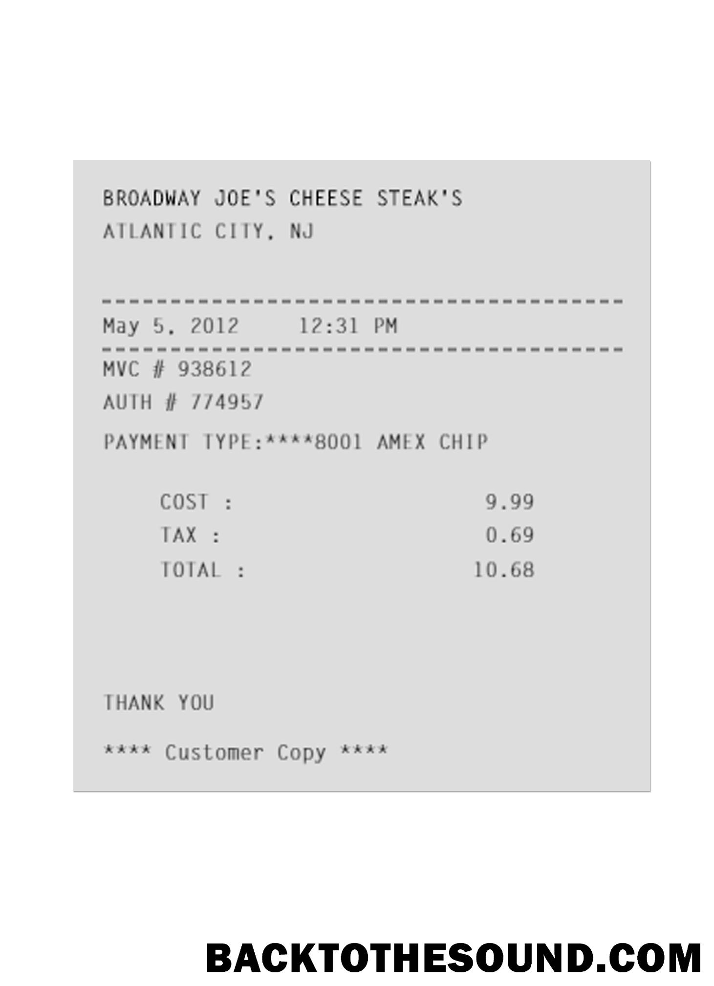 Λήψη BROADWAY JOE'S CHEESE STEAK'S Πληρωμή Απόδειξη Δείγμα πρότυπο