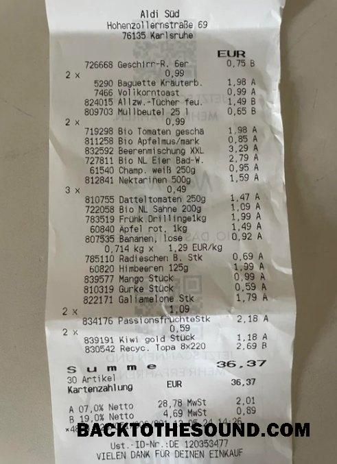 Λήψη Γερμανία Aldi Sud supermarket Πληρωμή Απόδειξη Δείγμα δείγμα