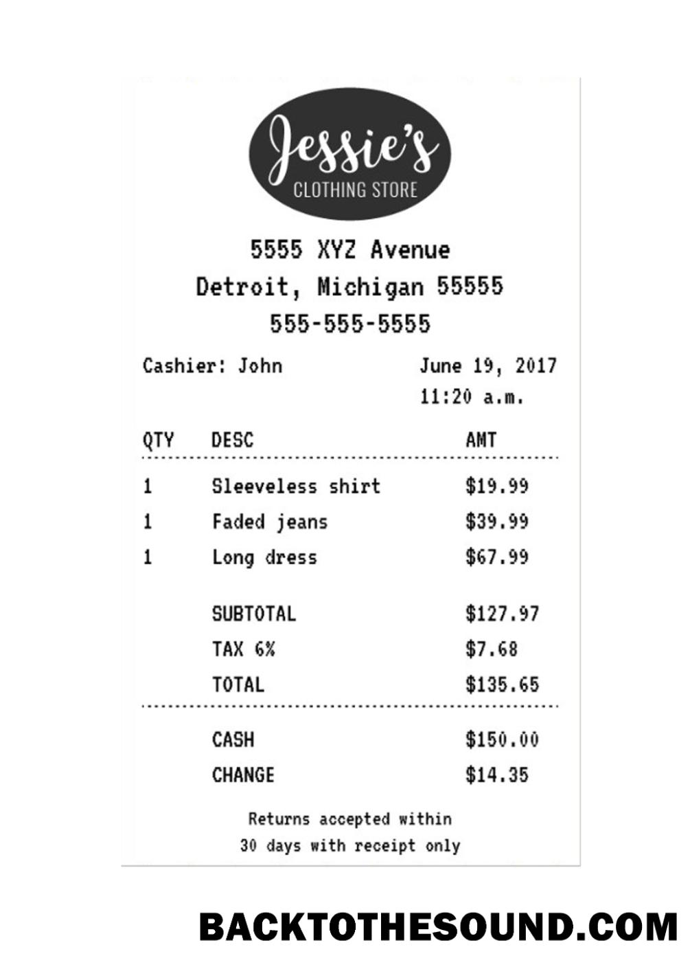 Λήψη JESSIE'S CLOTHING STORE Απόδειξη Δείγμα πρότυπο