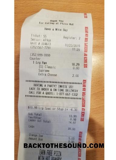 Λήψη Pizza Hut restaurant Πληρωμή Απόδειξη Δείγμα δείγμα