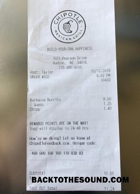 Λήψη ΗΠΑ Chipotle restaurant Πληρωμή Απόδειξη Δείγμα δείγμα