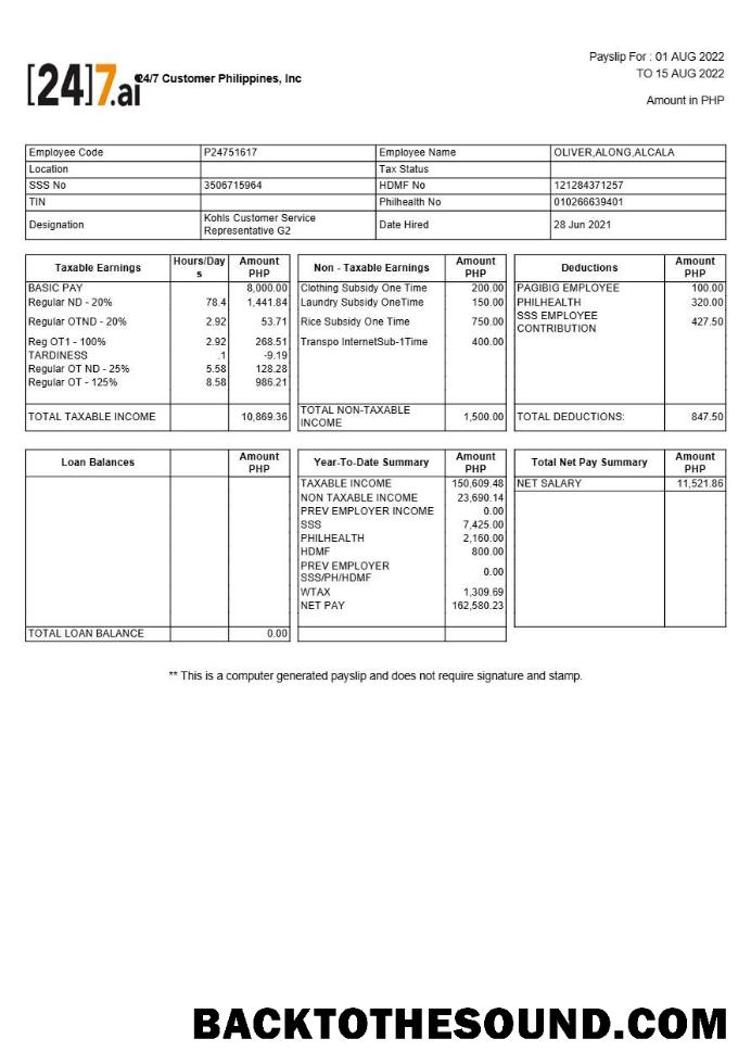 İndir 24 7 Customer Filipinler payslip in Word and PDF Formatlar.PDF, 1 Örnek ön izleme