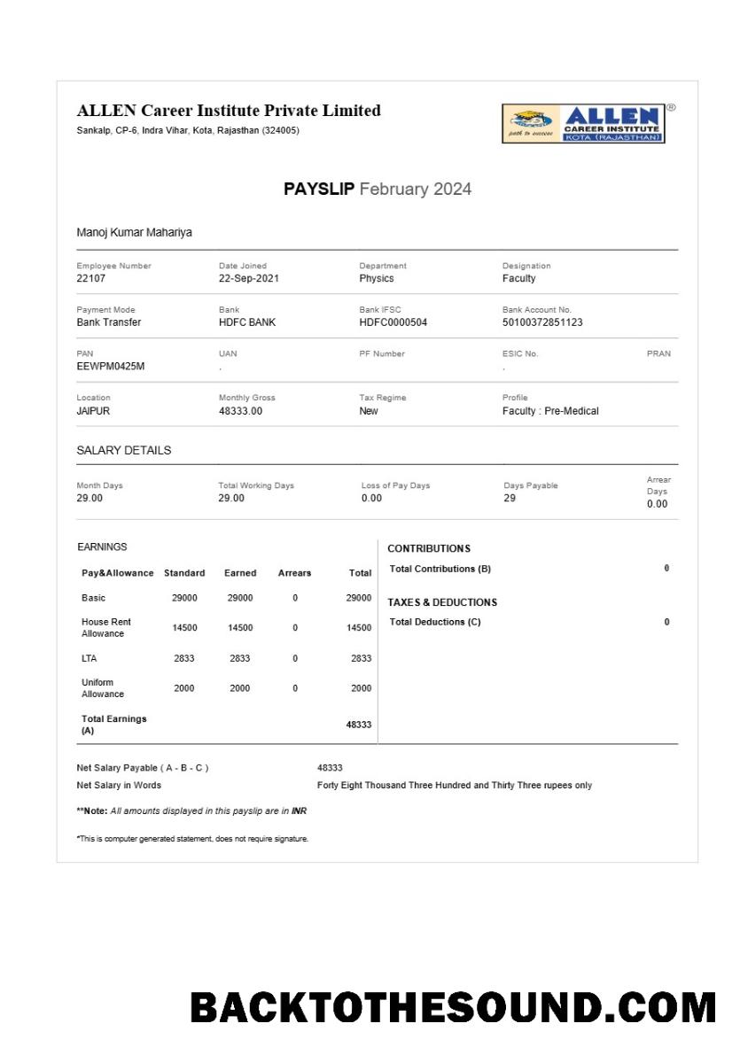 İndir ALLEN Career Institute payslip in Word and PDF Formatlar.PDF, 1 Örnek taslak