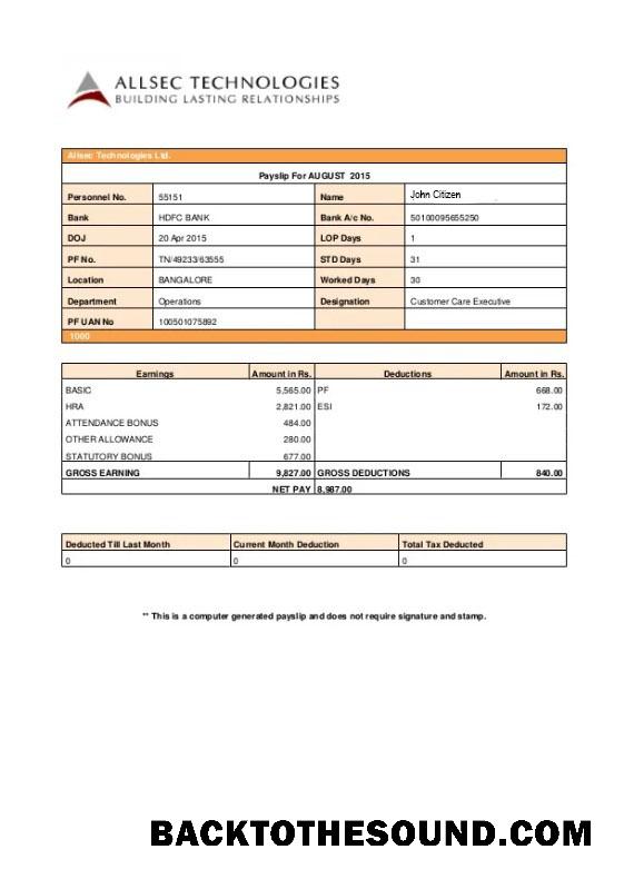 İndir ALLSEC Building technologies payslip in Word and PDF Formatlar Örnek tasarım