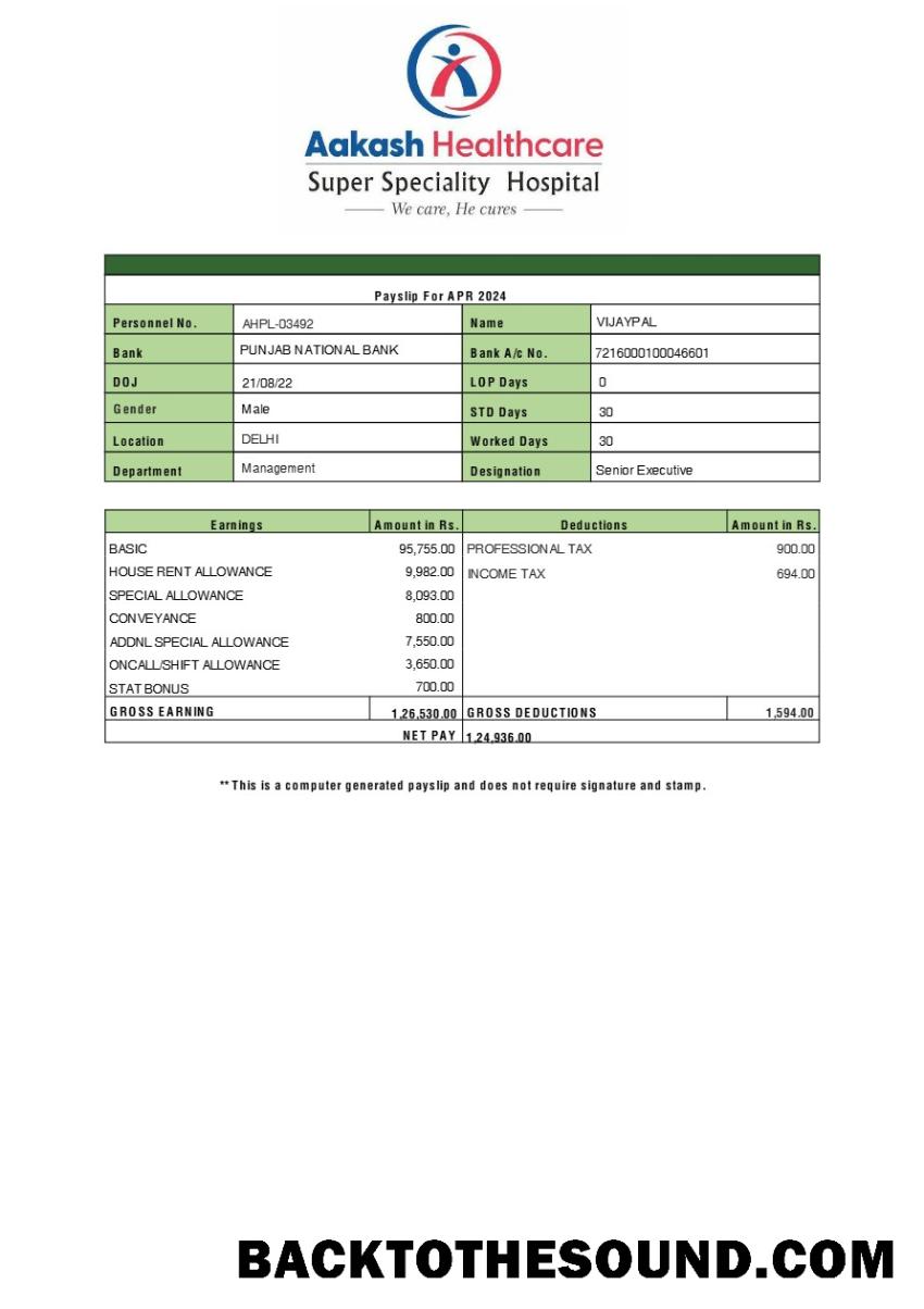 İndir Aakash Healthcare payslip in Word and PDF Formatlar.PDF, 1 Örnek taslak