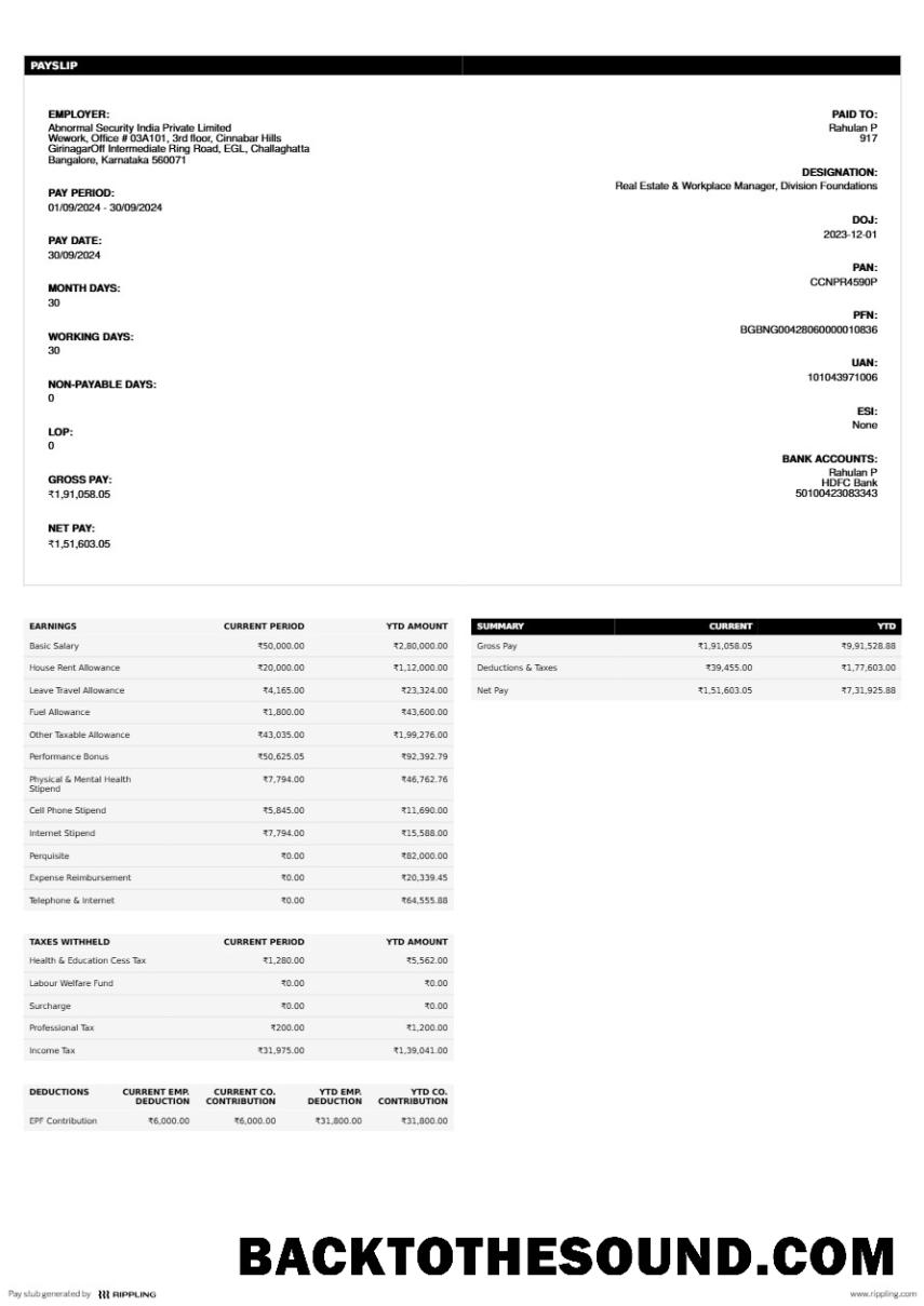 İndir Abnormal Security Hindistan Private Limited payslip in Word and PDF Formatlar.PDF, 1 Örnek taslak