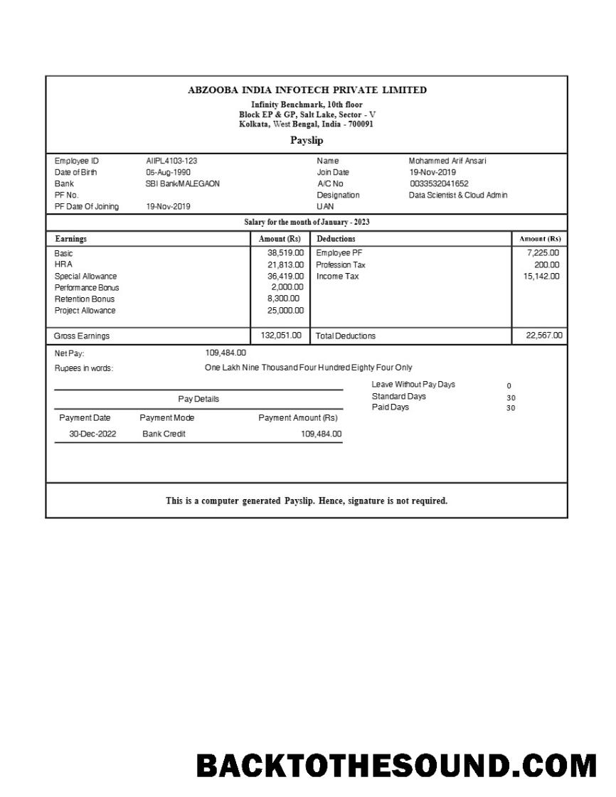 İndir Abzooba Hindistan Infotech payslip in Word and PDF Formatlar.PDF, 1 Örnek ön izleme