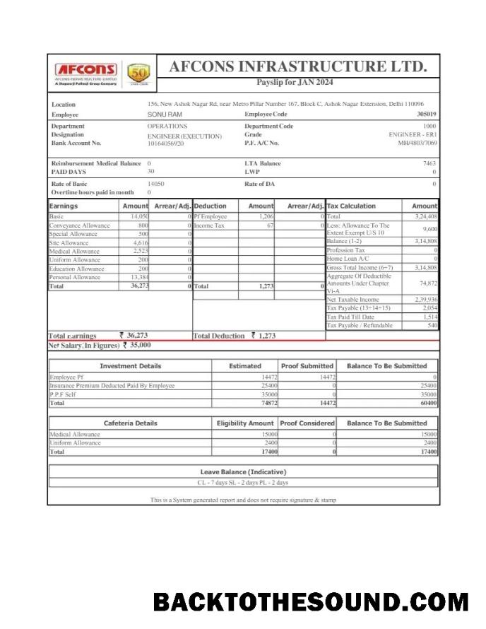 İndir Afcons Infrastructure payslip in Word and PDF Formatlar.PDF, 1 Örnek ön izleme