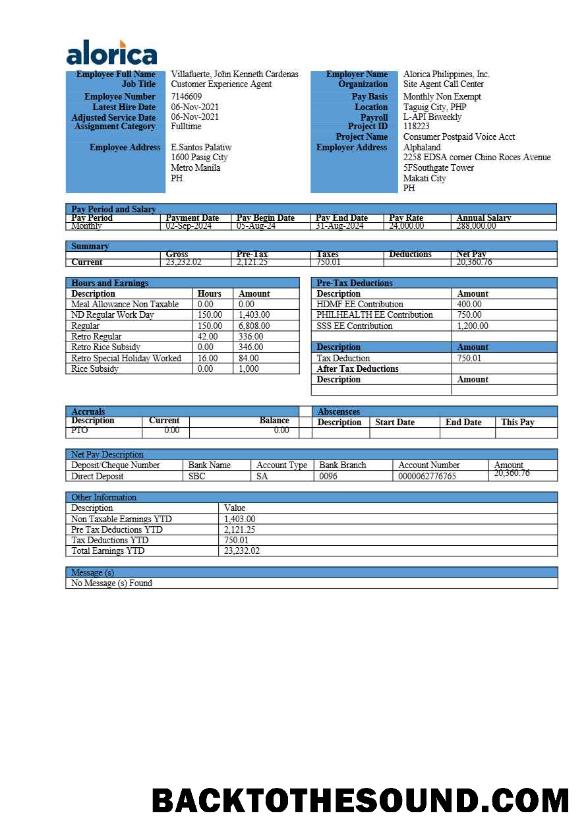 İndir Alorica Filipinler payslip in Word and PDF Formatlar.PDF, 3 Örnek ön izleme
