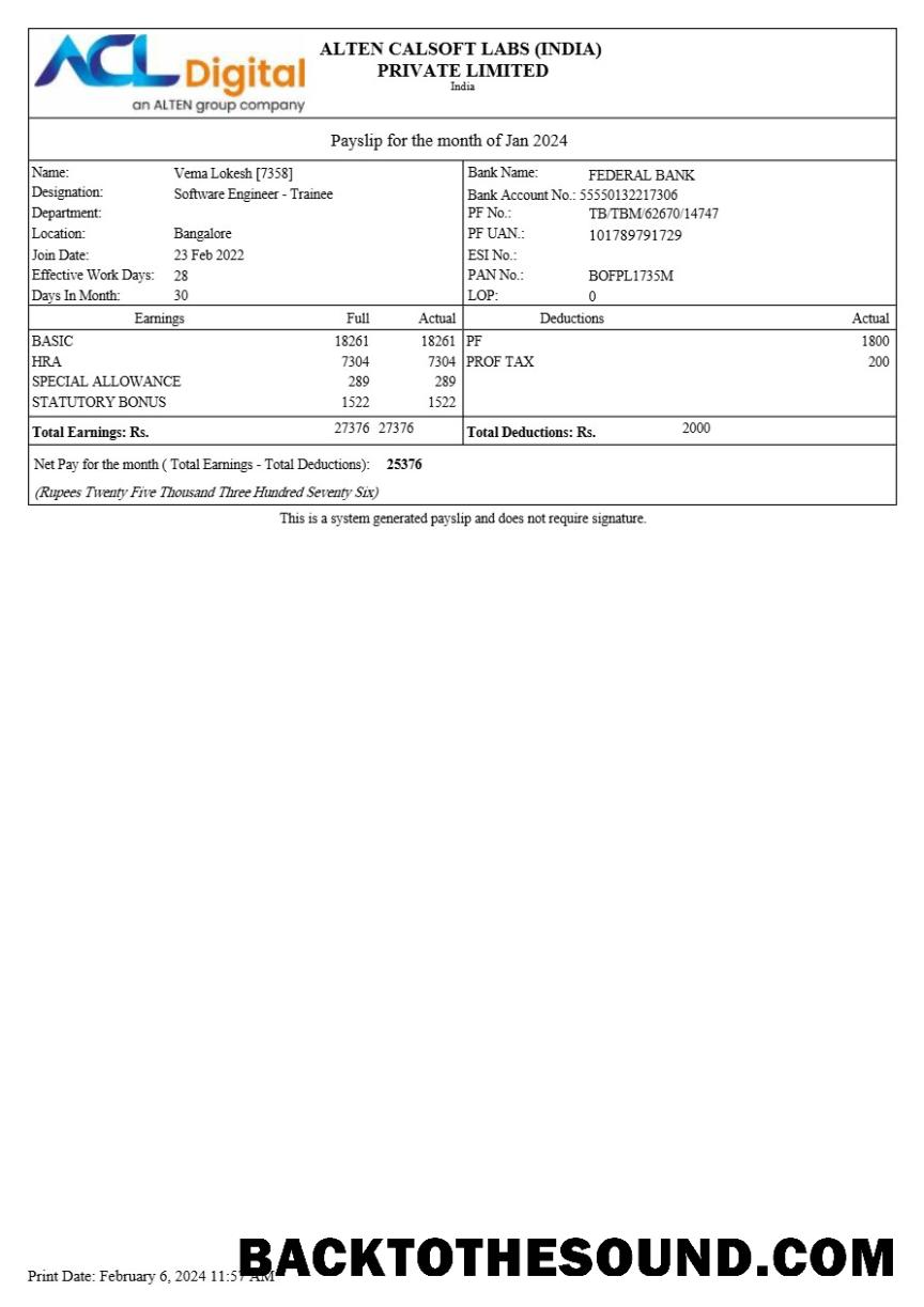 İndir Alten Calsoft Labs ACL Digital payslip in Word and PDF Formatlar.PDF, 1 Örnek tasarım