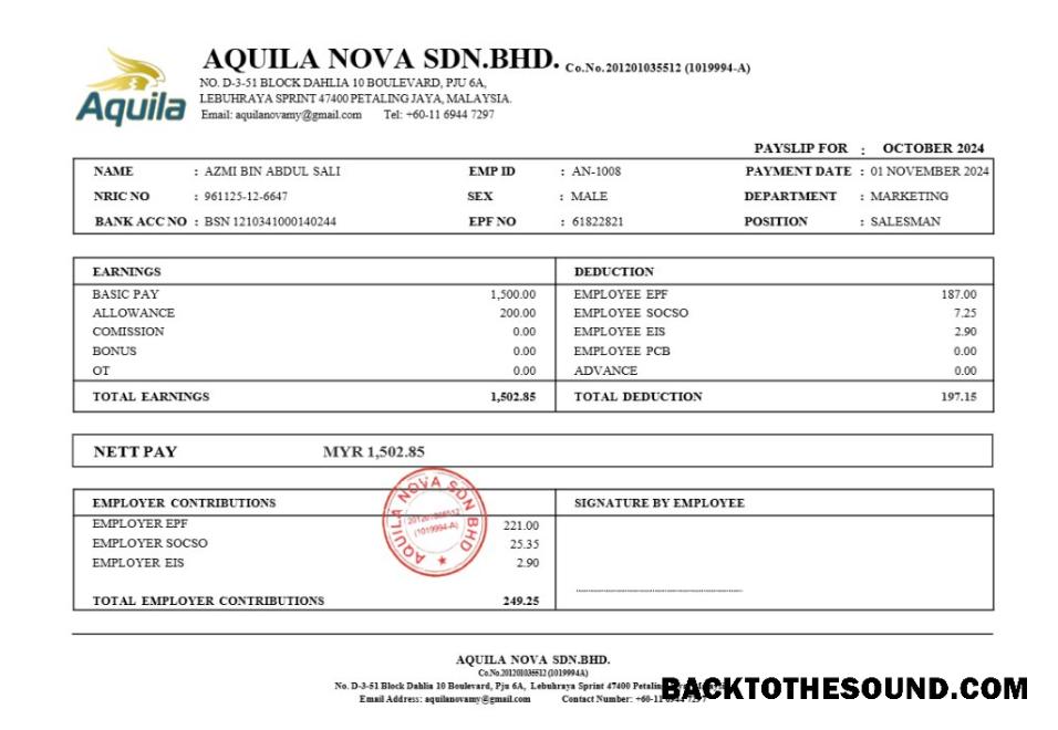 İndir Aquila Nova consultant in Singapur payslip in Word and PDF Formatlar.PDF, 1 Örnek şablon