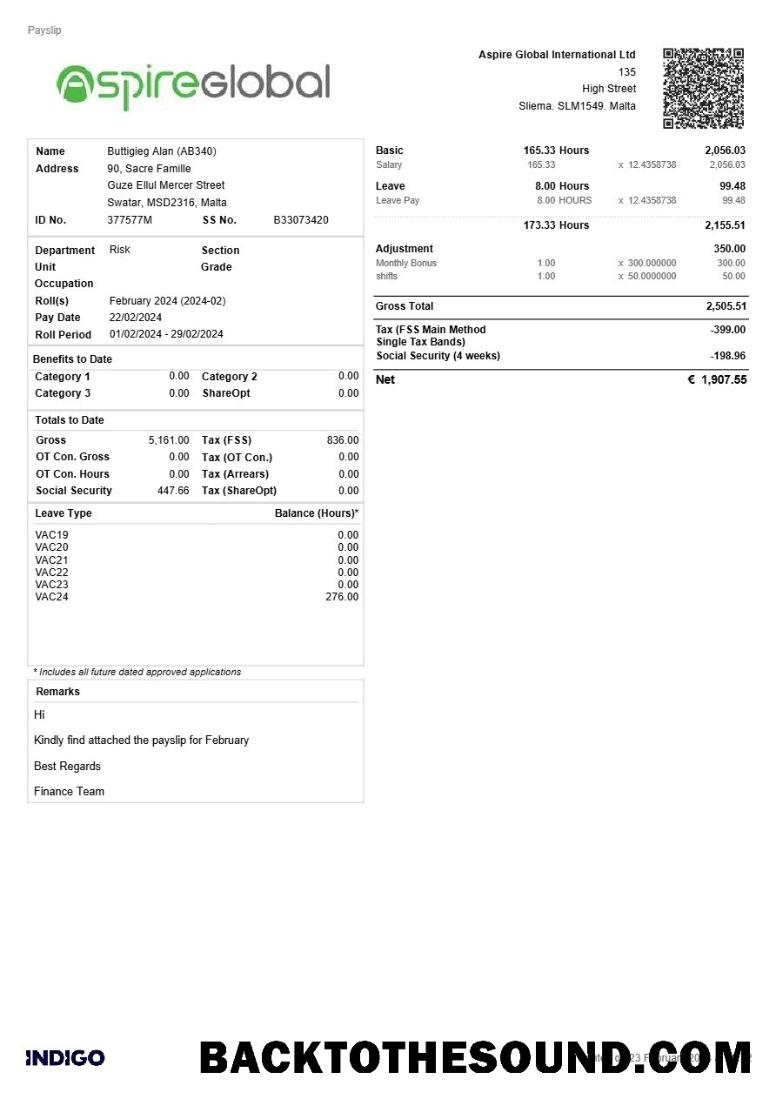 İndir Aspire Global uluslararası payslip in Word and PDF Formatlar.PDF, 1 Örnek tasarım