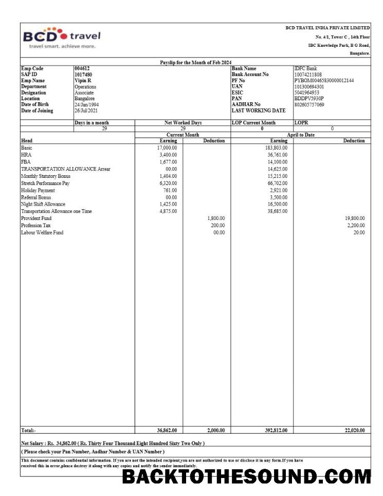 İndir BCD Seyahat Hindistan payslip in Word and PDF Formatlar.PDF, 1 Örnek örnek