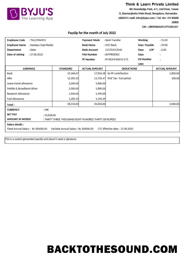 İndir BYJU s learning app payslip in Word and PDF Formatlar.PDF, 1 Örnek taslak