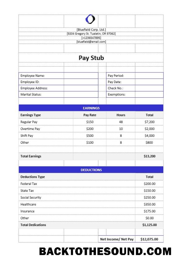 İndir Bluefield Corp. Ltd pay stub Word and PDF Örnek tasarım