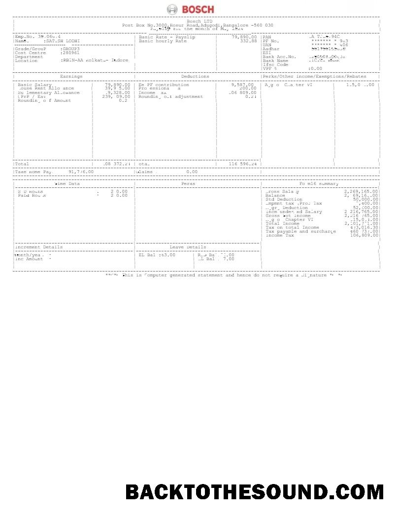 İndir Bosch LTD payslip in Word and PDF Formatlar.PDF, 1 Örnek örnek