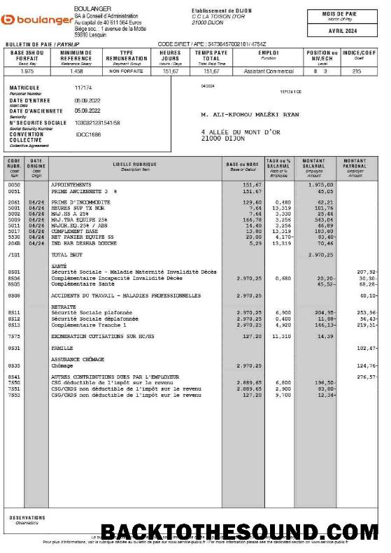 İndir Boulanger payslip (in French language) in Word and PDF Formatlar.PDF, 1 Örnek şablon