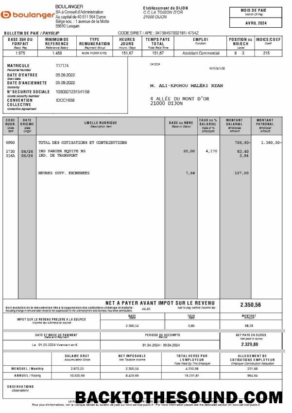 İndir Boulanger payslip (in French language) in Word and PDF Formatlar.PDF, 2 Örnek taslak
