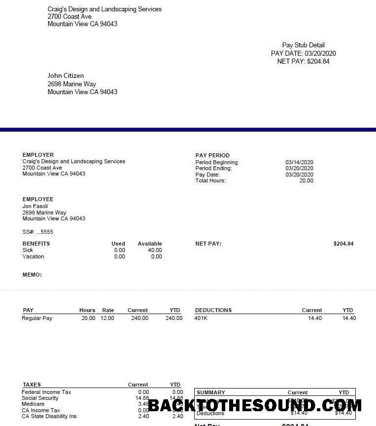 İndir CRAIG'S Tasarım and Landscapin Services pay stub in Word and PDF Formatlar Örnek örnek