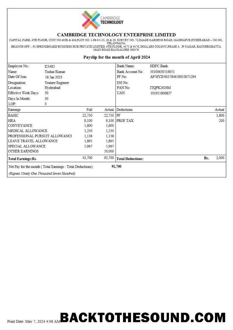 İndir Cambridge Teknoloji Enterprises payslip in Word and PDF Formatlar.PDF, 1 Örnek ön izleme