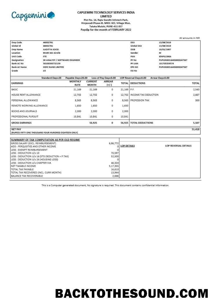 İndir Capgemini Teknoloji Services Hindistan payslip in Word and PDF Formatlar.PDF, 1 Örnek tasarım