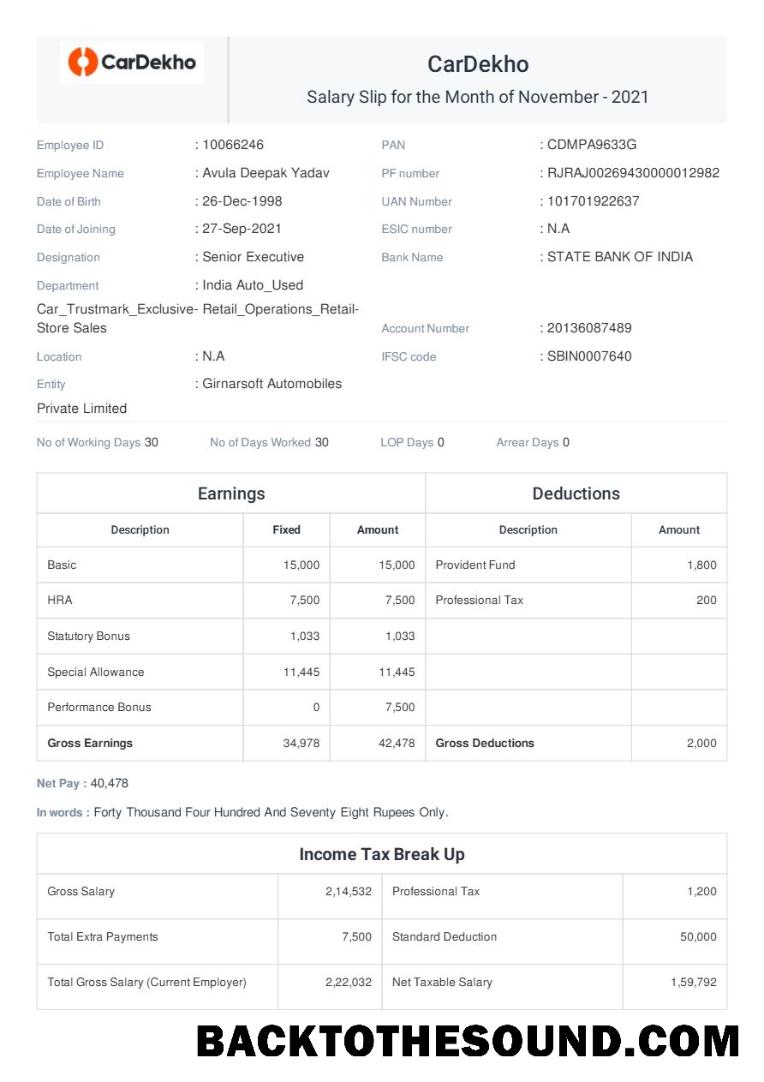 İndir CarDekho payslip in Word and PDF Formatlar.PDF, 1 Örnek tasarım