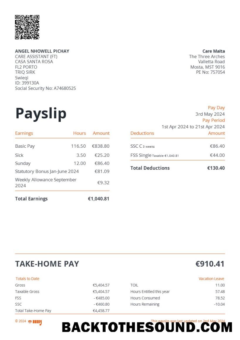 İndir Care Malta payslip in Word and PDF Formatlar.PDF, 1 Örnek tasarım