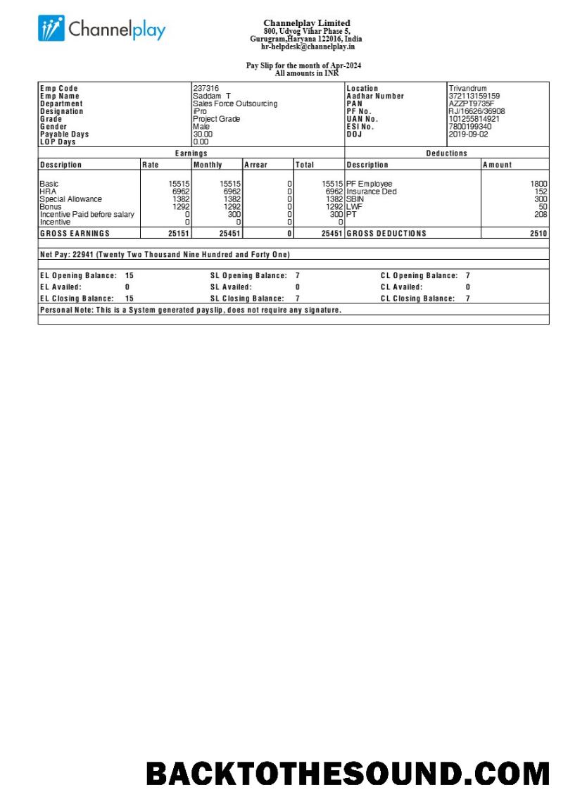 İndir Channelplay payslip in Word and PDF Formatlar.PDF, 1 Örnek şablon