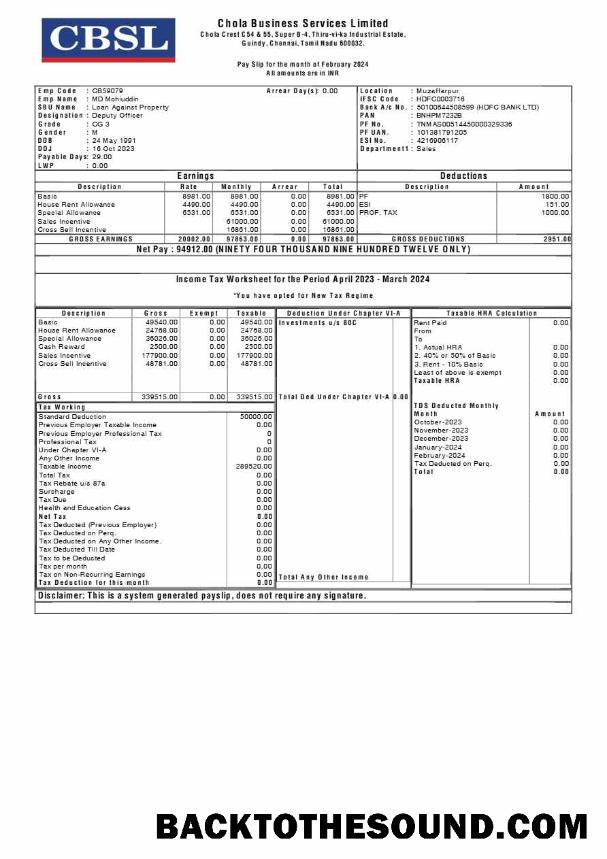İndir Chola Kurumsal Services payslip in Word and PDF Formatlar.PDF, 1 Örnek ön izleme