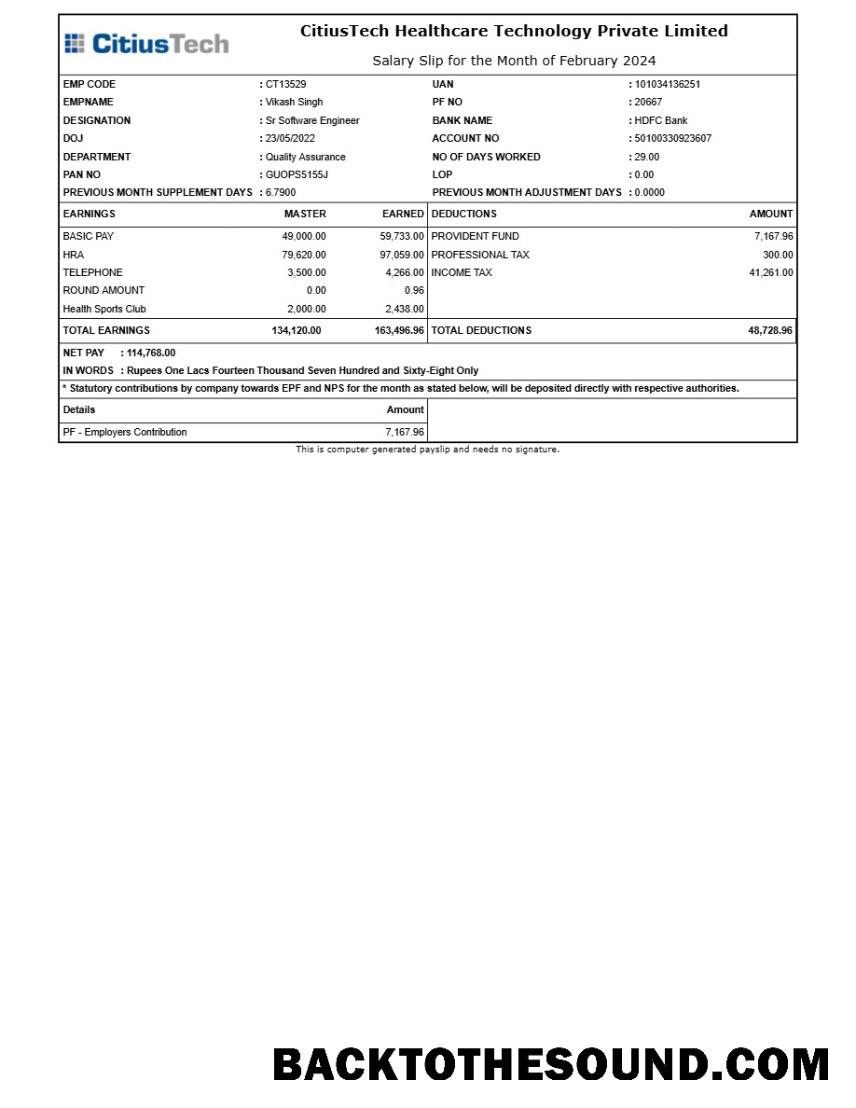 İndir CitiusTech Healthcare Teknoloji payslip in Word and PDF Formatlar.PDF, 1 Örnek örnek
