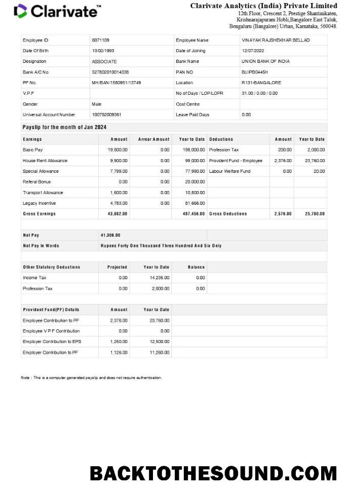 İndir Clarivate Analytics Hindistan payslip in Word and PDF Formatlar.PDF, 1 Örnek tasarım