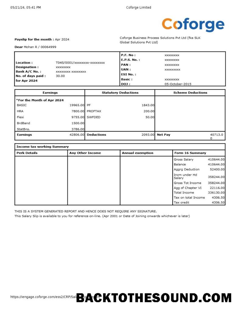 İndir Coforge IT compay payslip in Word and PDF Formatlar.PDF, 1 Örnek örnek