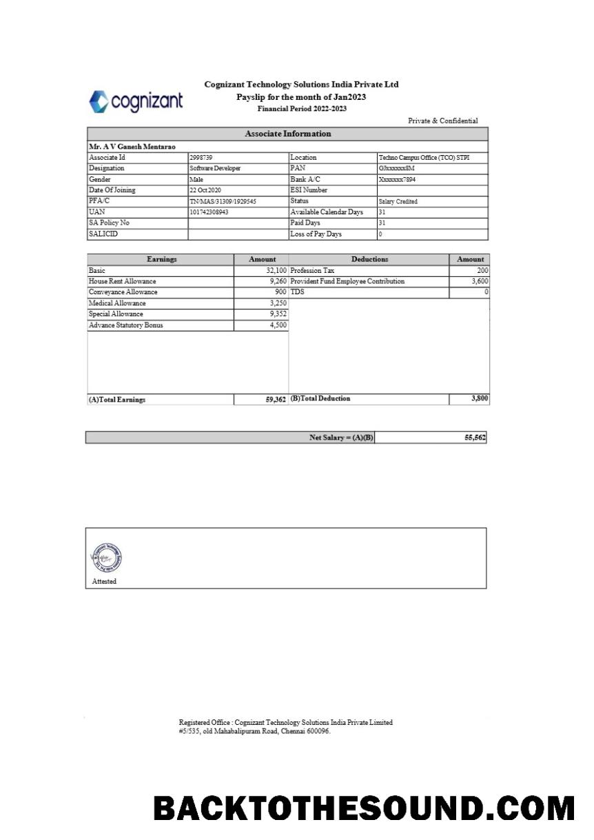 İndir Cognizant Teknoloji Solutions Hindistan payslip in Word and PDF Formatlar.PDF, 1 Örnek taslak