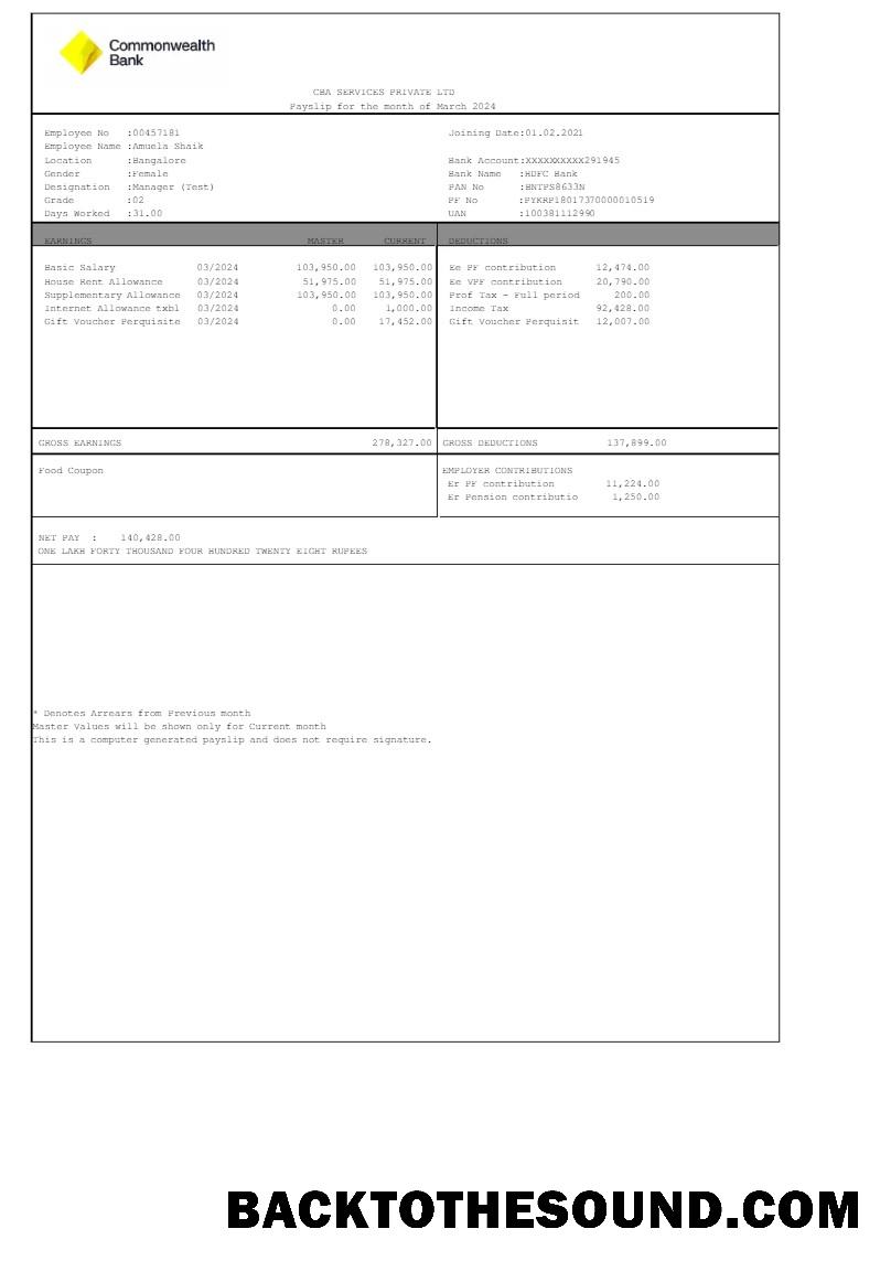 İndir Commonwealth Banka CBA Services payslip in Word and PDF Formatlar.PDF, 1 Örnek örnek