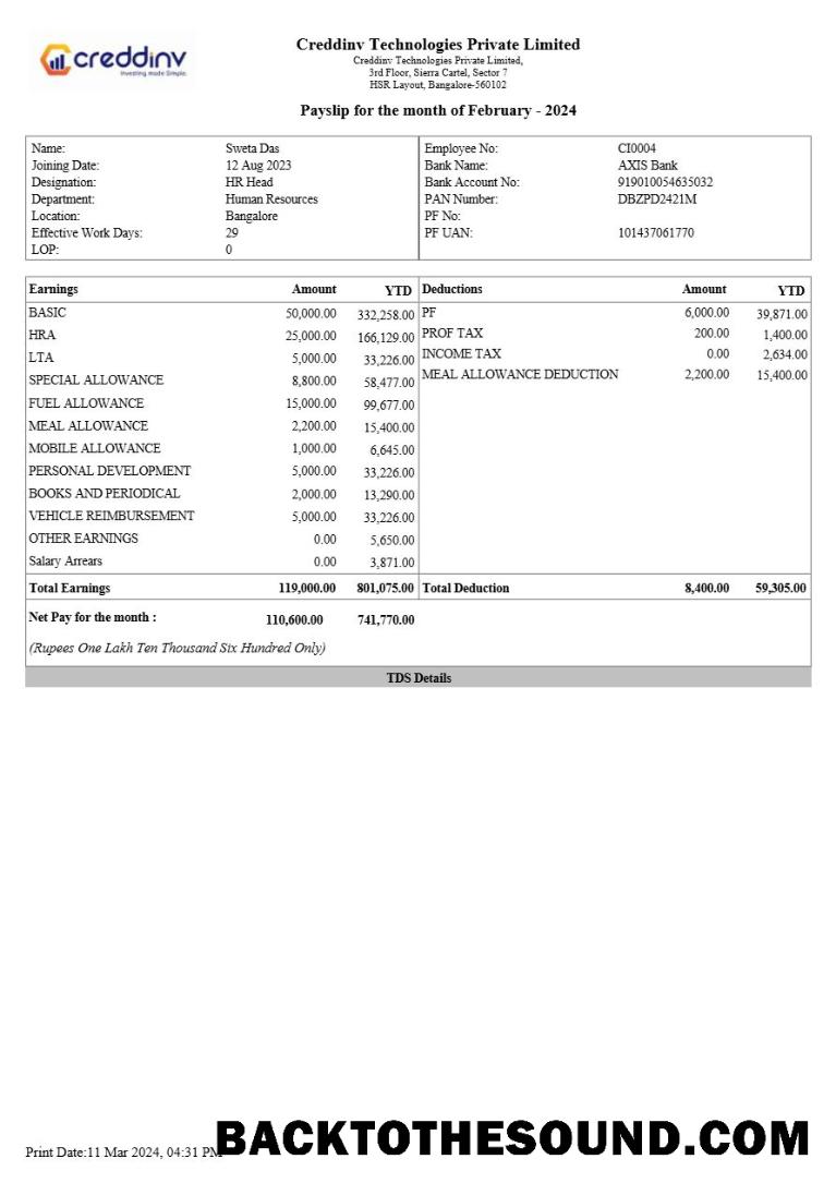 İndir Creddinv Technologies payslip in Word and PDF Formatlar.PDF, 1 Örnek taslak