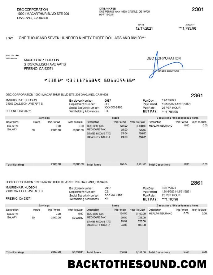 İndir DBC Corporation pay stub in Word and PDF Formatlar.PDF, 1 Örnek ön izleme