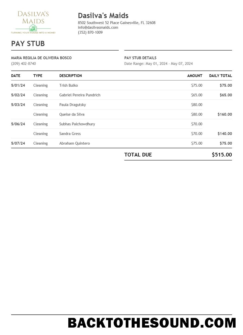 İndir Dasilva's Maids pay stub in Word and PDF Formatlar.PDF, 1 Örnek taslak