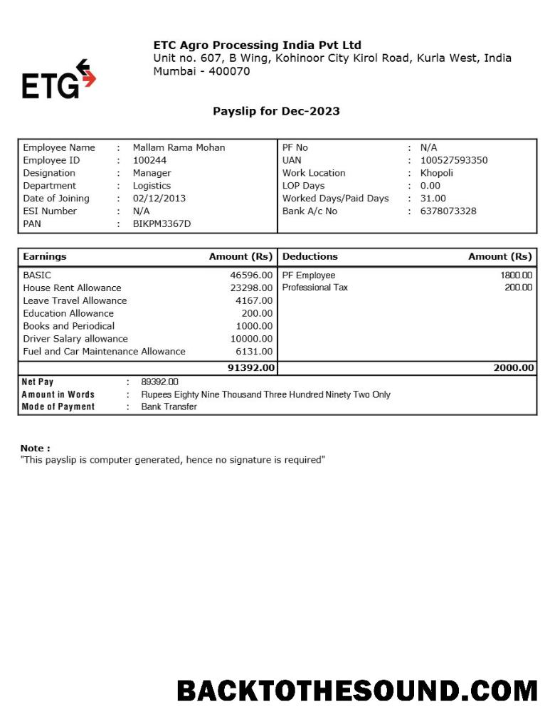 İndir ETC Agro Processing Hindistan payslip in Word and PDF Formatlar.PDF, 1 Örnek ön izleme