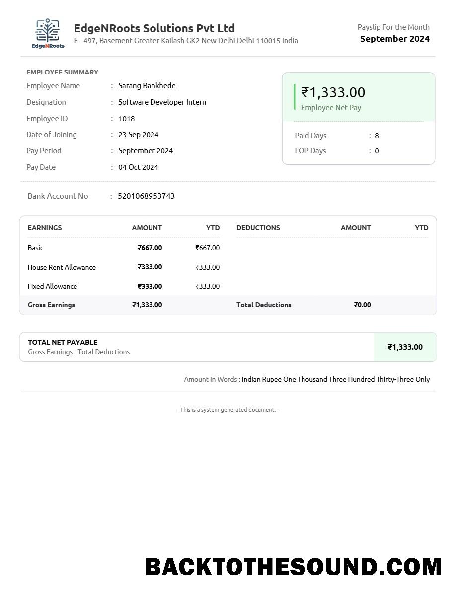 İndir EdgeNRoots Solutions payslip in Word and PDF Formatlar.PDF, 1 Örnek tasarım